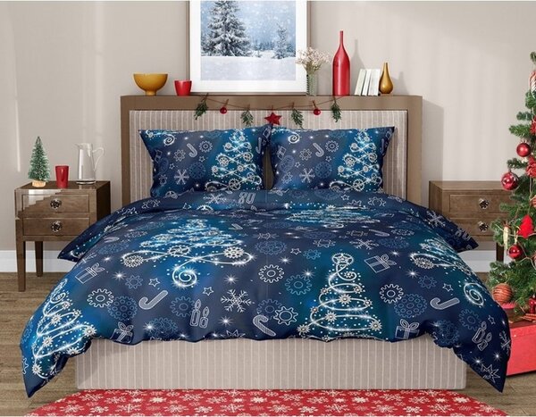 Vánoční ložní povlečení - modré - 100% bavlna Renforcé - 70 x 90 cm + 140 x 200 cm