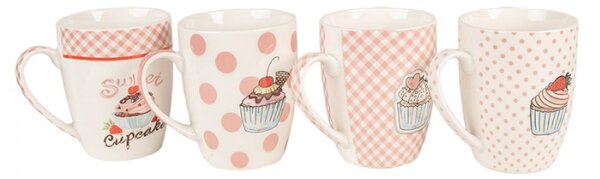 Set 4 bílo-růžových porcelánových hrnků s motivem dortíku Cupcake – 300 ml