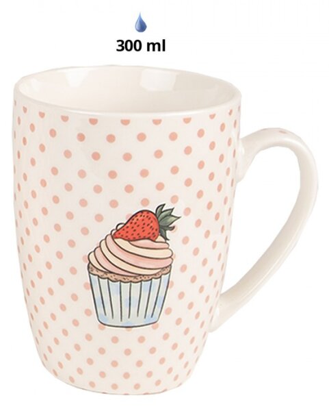 Set 4 bílo-růžových porcelánových hrnků s motivem dortíku Cupcake – 300 ml