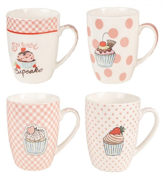 Set 4 bílo-růžových porcelánových hrnků s motivem dortíku Cupcake – 300 ml