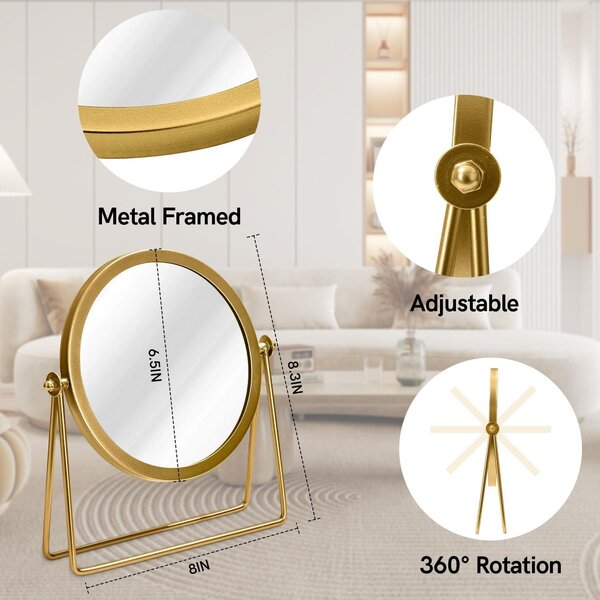 Solidchoice – Kulaté zrcadlo na toaletní stolek s kovovým rámem a 360° otočnou funkcí