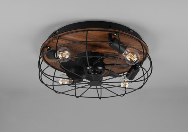 Trio Leuchten R61105032 TRONDHEIM - Stropní ventilátor v retro stylu v černé barvě a imitaci dřeva s dálkovým ovladačem, 4 x E27, Ø 48cm (Černý stropní ventilátor s dálkovým ovládáním)