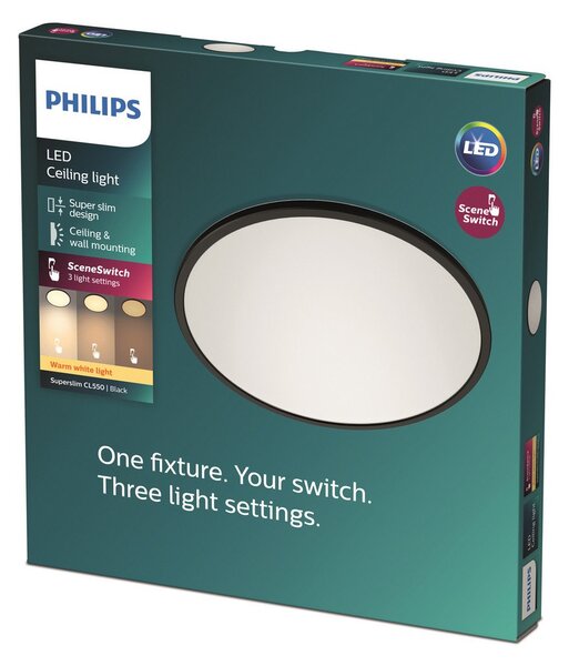 Stropní Lampa Philips, Superslim, stmívatelné, Černá, Pracovna, Kov