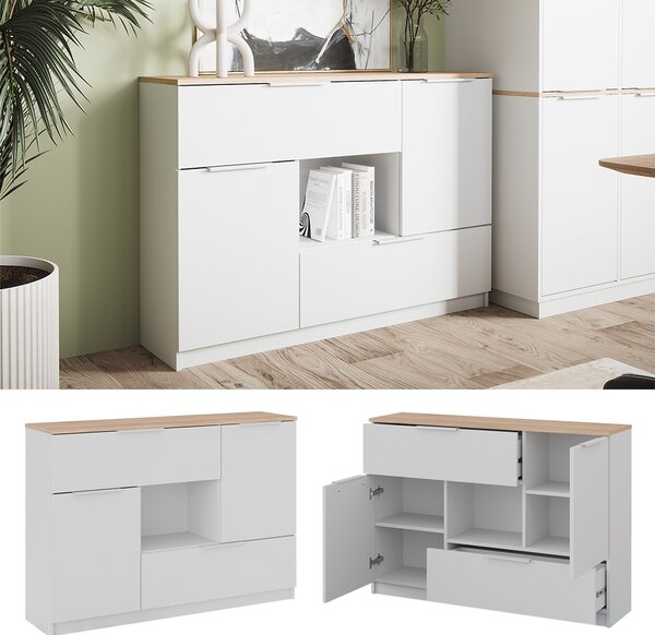 Kredenc Vicco Betti Bílá/Sonoma 120 x 83.6 cm 2x dvířka, 2x zásuvka a 1x otevřená přihrádka, Model 41613