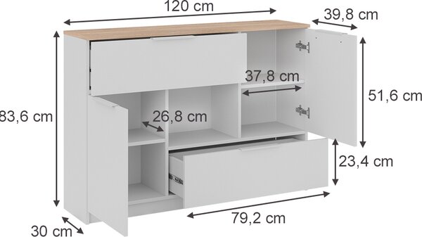 Kredenc Vicco Betti Bílá/Sonoma 120 x 83.6 cm 2x dvířka, 2x zásuvka a 1x otevřená přihrádka, Model 41613