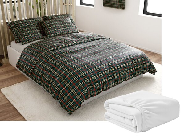 Sada mikroplyšového povlečení GLENMOORE zelené + prostěradlo mikroplyš SOFT 90x200 cm bílé, jednolůžko