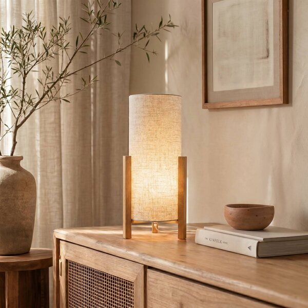 Näve Stolní lampa 3193, dřevo, lněný textil, výška 52 cm, Světlé dřevo, Obývací pokoj / jídelna, Dřevo, Skandinávský, Lampa trojnožka