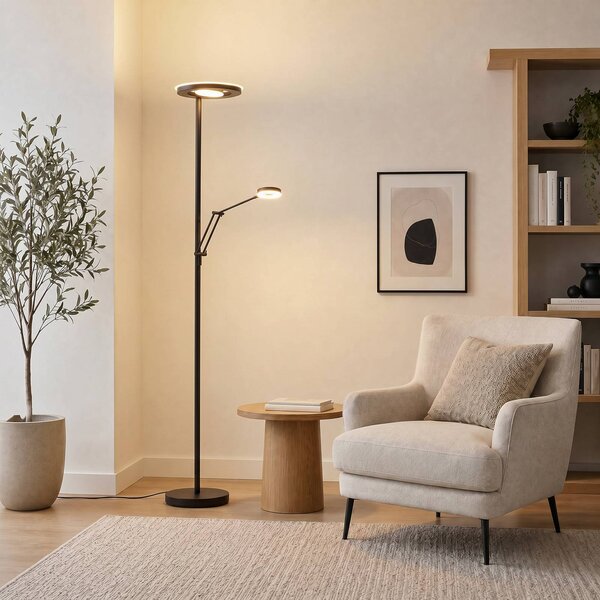 Trio Lighting LED stojací lampa Barrie s čtecí lampičkou, matná černá, stmívatelný, Černá, Obývací pokoj / jídelna, kov, Moderní, Lampička na čtení