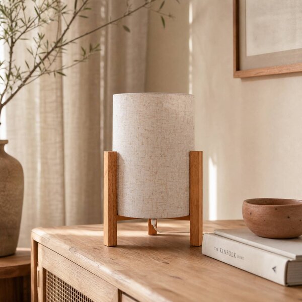 Näve Stolní lampa 3193, dřevo, lněný textil, výška 32 cm, Světlé dřevo, Obývací pokoj / jídelna, Dřevo, Skandinávský, Lampa trojnožka