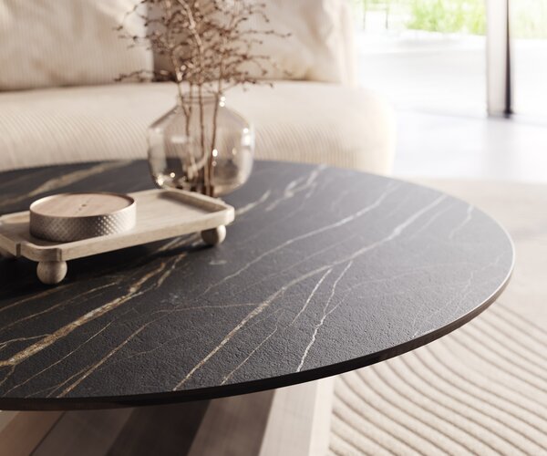 DELIFE Konferenční stolek Edge kulatý 100x100 cm keramika Laminam® Noir Desir hnědá Parabi kovová stříbrná