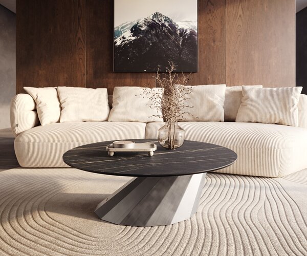 DELIFE Konferenční stolek Edge kulatý 100x100 cm keramika Laminam® Noir Desir hnědá Parabi kovová stříbrná