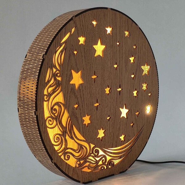 Dřevěná stolní lampa Měsíc a hvězdy | AURA: HDF - Ořech 20 cm 4794-115288 LED0612