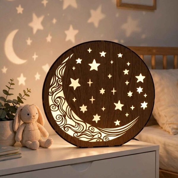 Dřevěná stolní lampa Měsíc a hvězdy | AURA: HDF - Ořech 20 cm 4794-115288 LED0612