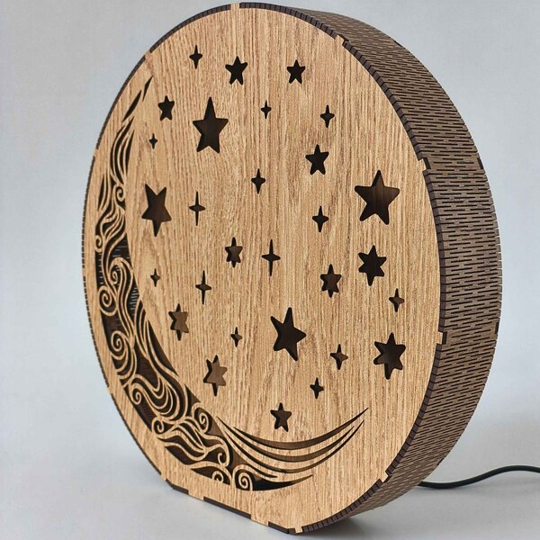 Dřevěná stolní lampa Měsíc a hvězdy | AURA: HDF - Ořech 20 cm 4794-115288 LED0612