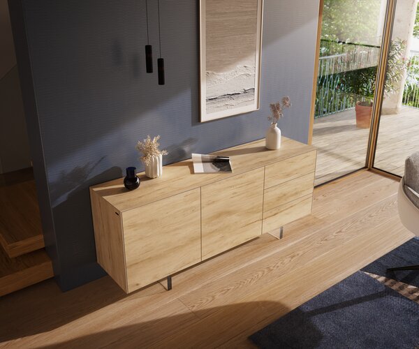 DELIFE Komoda Cuor 180 cm keramika Laminam® Sabbia dubová 2 dvířka 3 zásuvky podnož závěsná akrylglas