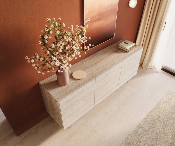 DELIFE Komoda Cuor 180 cm keramika Laminam® Travertino Bianco krémově bílá 2 dvířka 3 zásuvky podnož závěsná akrylglas