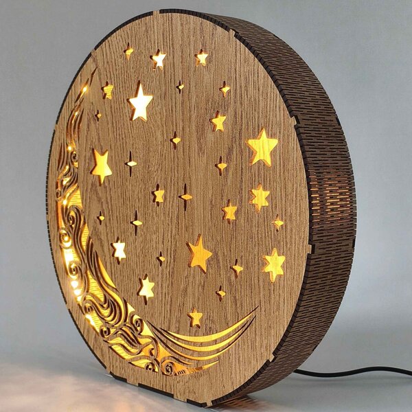 Dřevěná stolní lampa Měsíc a hvězdy | AURA: HDF - Ořech 20 cm 4794-115288 LED0612