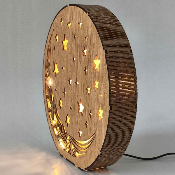 Dřevěná stolní lampa Měsíc a hvězdy | AURA: HDF - Ořech 20 cm 4794-115288 LED0612