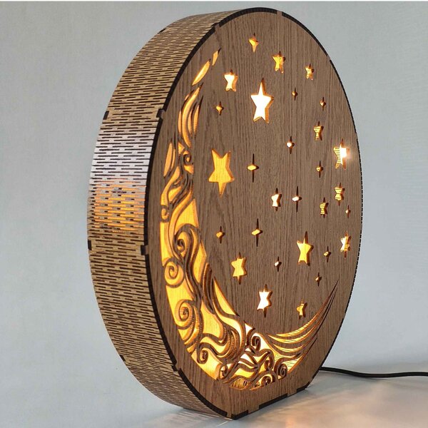 Dřevěná stolní lampa Měsíc a hvězdy | AURA: HDF - Ořech 20 cm 4794-115288 LED0612
