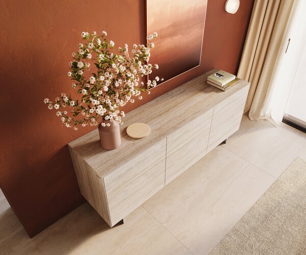 DELIFE Komoda Cuor 180 cm keramika Laminam® Travertino Bianco krémově bílá 2 dvířka 3 zásuvky podnož závěsná nerezová ocel