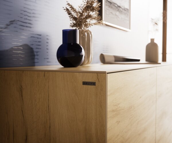 DELIFE Komoda Cuor 150 cm keramika Laminam® Sabbia dubová 3 dvířka podnož závěsná akrylglas