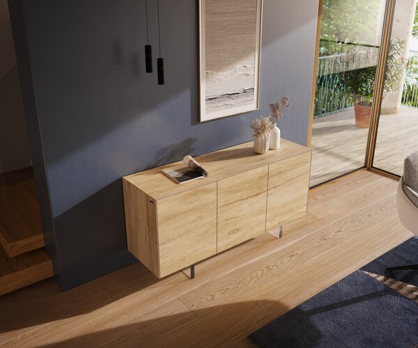 DELIFE Komoda Cuor 150 cm keramika Laminam® Sabbia dubová 3 dvířka podnož závěsná akrylglas