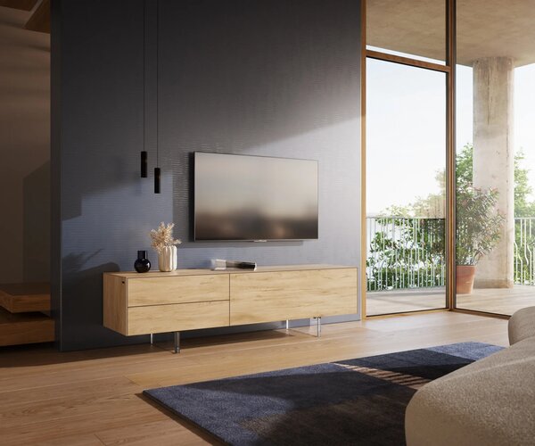 DELIFE TV stolek Cuor 180 cm keramika Laminam® Sabbia dubová barva 1 výklopná dvířka 2 zásuvky podnož závěsná akrylglas