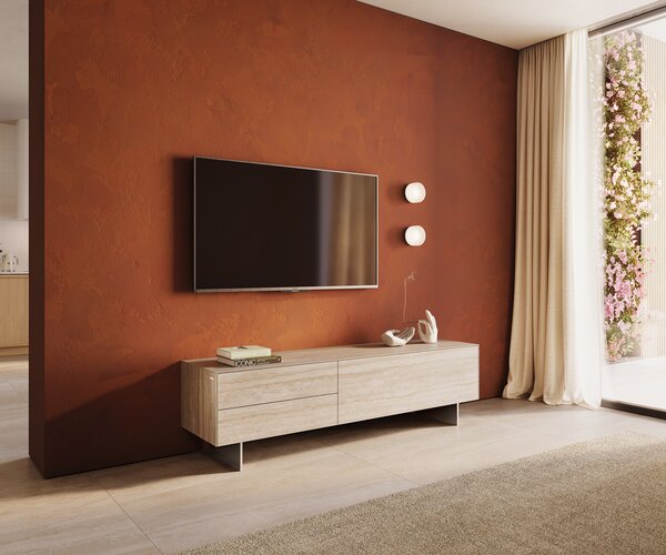DELIFE TV stolek Cuor 180 cm keramika Laminam® Travertino Bianco krémově bílá 1 výklopná dvířka 2 zásuvky podnož závěsná nerezová ocel