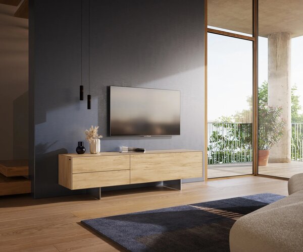 DELIFE TV stolek Cuor 180 cm keramika Laminam® Sabbia dubová 1 výklopná dvířka 2 zásuvky podnož závěsná nerezová ocel