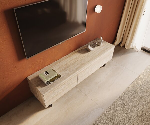 DELIFE TV stolek Cuor 180 cm keramika Laminam® Travertino Bianco krémově bílá 1 výklopná dvířka 2 zásuvky podnož závěsná nerezová ocel