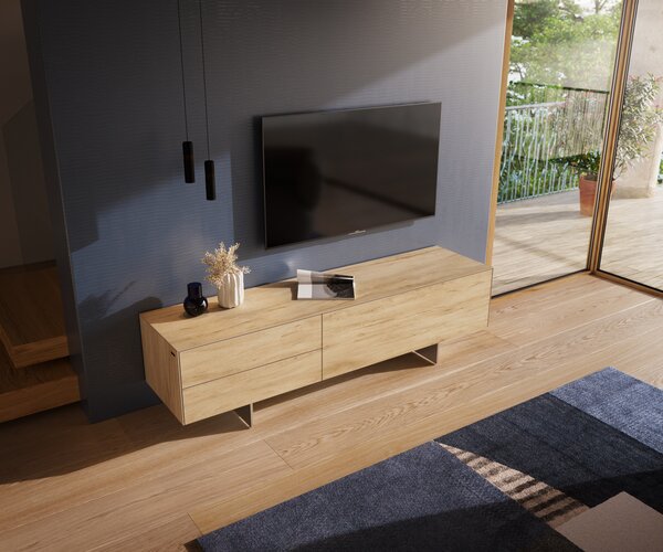 DELIFE TV stolek Cuor 180 cm keramika Laminam® Sabbia dubová 1 výklopná dvířka 2 zásuvky podnož závěsná nerezová ocel