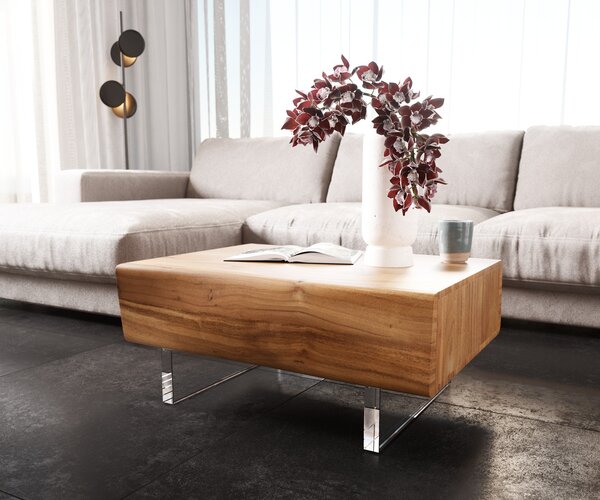 DELIFE Konferenční stolek New Live-Edge 80x60 cm akácie přírodní 2 zásuvky akrylová podnož