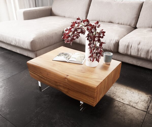 DELIFE Konferenční stolek New Live-Edge 80x60 cm akácie přírodní 2 zásuvky akrylová podnož