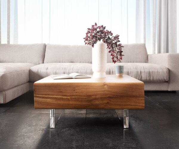 DELIFE Konferenční stolek New Live-Edge 80x60 cm akácie přírodní 2 zásuvky akrylová podnož