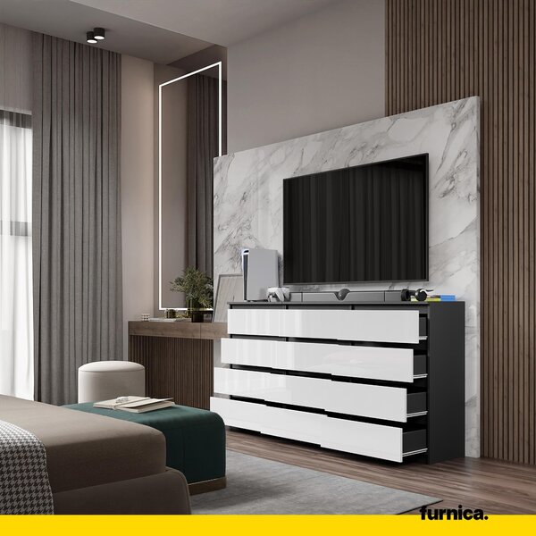 Komoda Anthrazit/Šedá barva, vysoký lesk, s 12 zásuvkami (8 + 4) – Velká komoda pro ložnici a obývací pokoj – GABRIEL