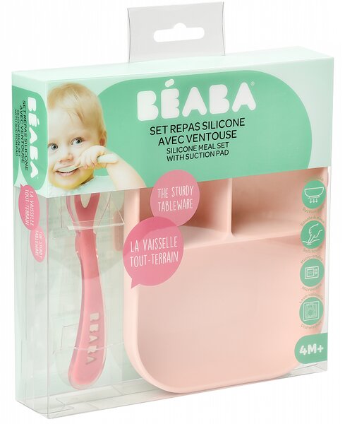 Dětský silikonový talíř s přísavkou a lžičkou, Beaba, růžový