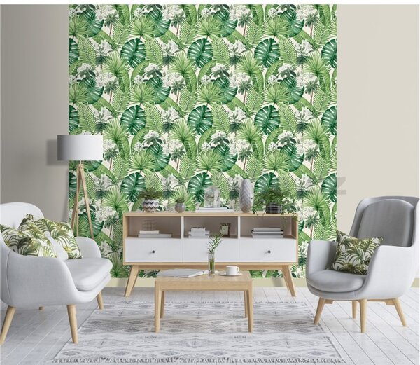 Vliesové tapety na zeď M37814, rozměr 10,05 m x 0,53 m, tropical listy na bílém podkladu, Ugépa