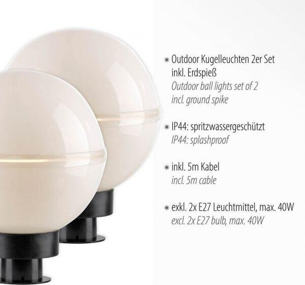 LD 19322-16-2 koule 2ks sada 20x20x51cm bílé s kabelem a zápichem pro venkovní použití - JUST LIGHT