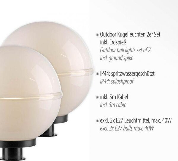 LD 19323-16-2 Koule, 2ks sada, IP44, pr.30cm, bílá, vč. zápich - JUST LIGHT