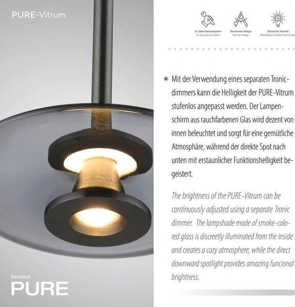 Paul Neuhaus Závěsné LED svítidlo PURE VITRUM, 13W, ø 22 cm, 2700K stmívatelné