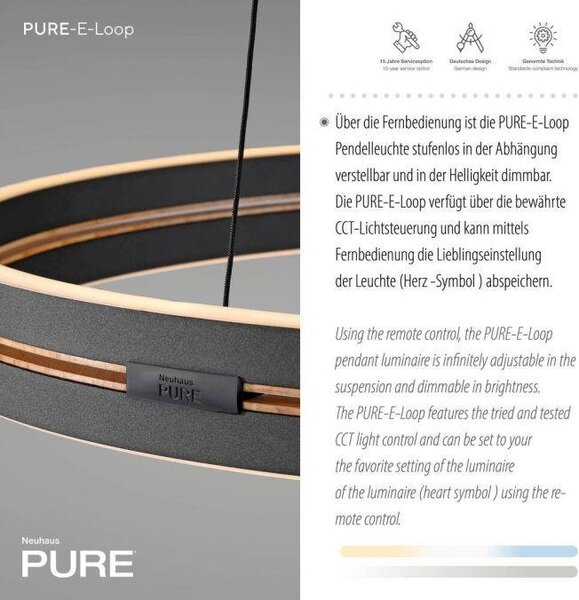 Paul Neuhaus Závěsné LED svítidlo PURE E-Loop dub/černá, 53W, ø 70,1 cm, 2700-5000K