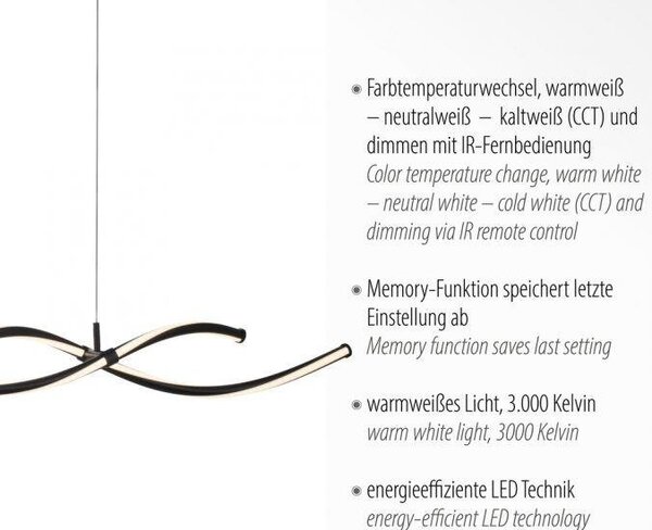 Paul Neuhaus Závěsné LED svítidlo, 42W, v. 120 cm, RF control, CCT 2700-5000K