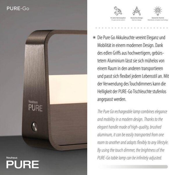 Paul Neuhaus Stolní přenosná LED lampa PURE GO, 3W, v. 13 cm, USB, 2700K Barva: Šedá
