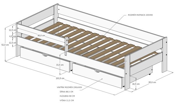 Dětská postel Pino 200 x 90 cm Provedení postele: Bez šuplíku