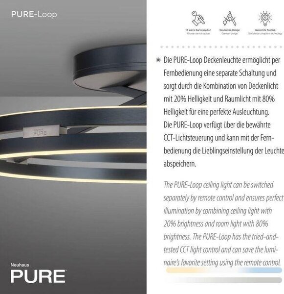 Paul Neuhaus Stropní LED svítidlo PURE Loop, pr.60cm, 7W+30W 2700-5000K, šedá mystic