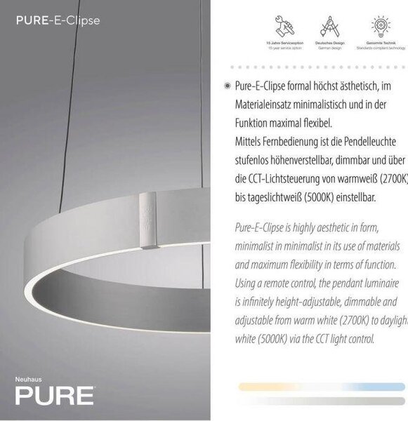 Paul Neuhaus Závěsné LED svítidlo PURE E-Popup, 51W, ø 50 cm, 2700-5000K Barva: Šedá