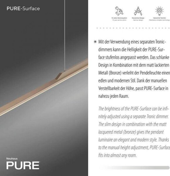Paul Neuhaus Závěsné LED svítidlo PURE SURFACE, 21W, 125x25 cm, 3000K