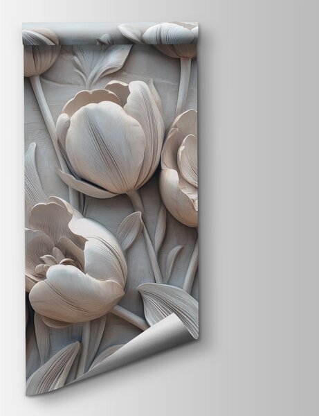 Fototapeta Bílá květinová řezba na zdi, 3D květinové fototapety, Populární fototapety, w01851v1 - Tapeko.co.cz