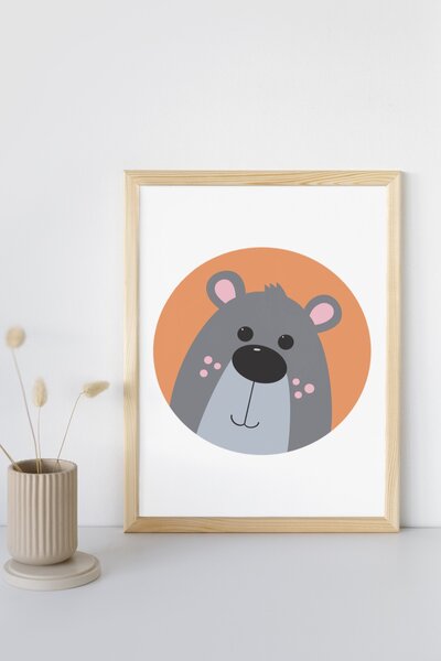 Plakát Medvěd (21x30cm) A4, Plakát do dětského pokoje, Plakát se zvířátkem, Ručně kreslený obrázek, Plakát na zeď pokojíčku, Barva: Oranžová