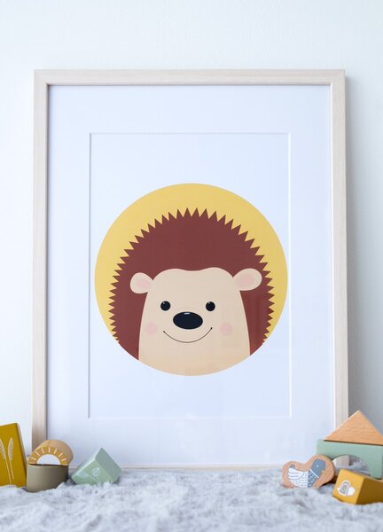 Plakát ježek (21x30cm) A4, Plakát do dětského pokoje, Plakát se zvířátkem, Ručně kreslený obrázek, Plakát na zeď pokojíčku Barva: Žlutá